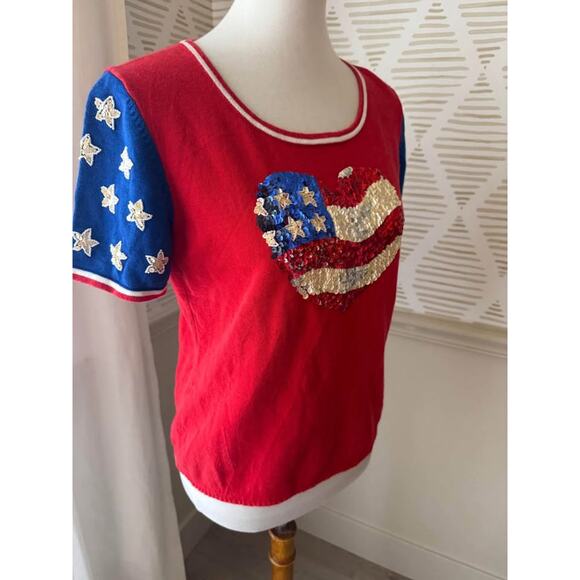 Emma Tricot Medium Patriotic American Flag Sequin Beaded Short Sleeve Shirt - Picture 7 of 8